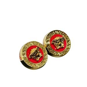 NIB Versace Icon Medusa Greca Stud Earrings Gold Tone Red Engraved Unisex $475